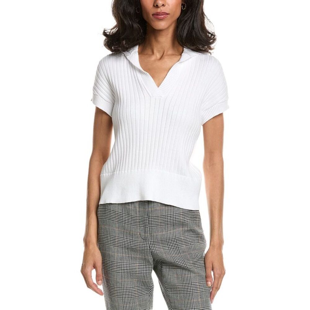 Forte Womens  Rib Cap Sleeve Polo Sweater, White